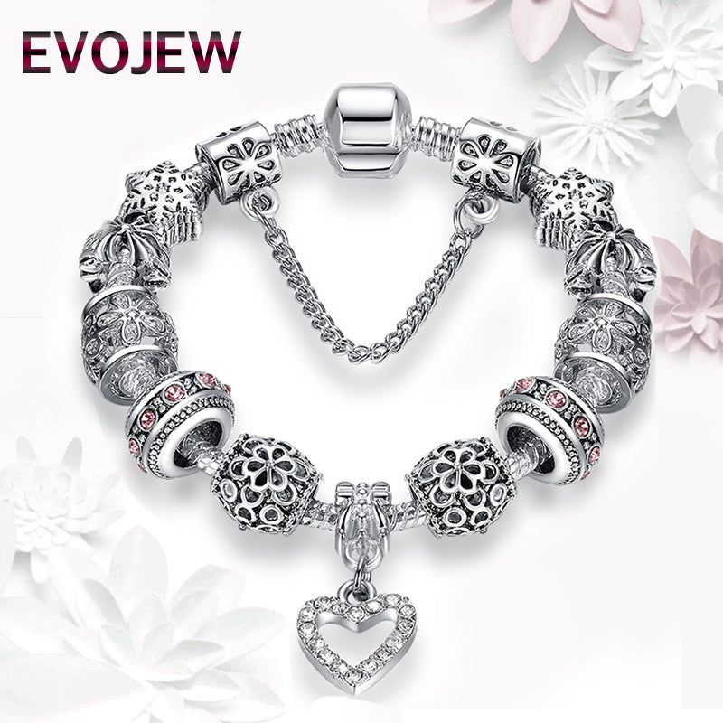 EVOJEW Antique Silver 925 Starfish Eiffel Tower Snowflake Crystal Heart Charm Beads Fit Original Bracelet for Women