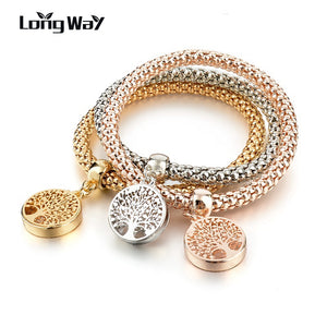 LongWay Vintage Designer Austrian Rhinestones Gold Color Tree of Life Charm Bracelets Popcorn Chain Jewelry For Women