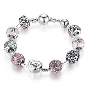 BAMOER Antique Silver Charm Bracelet & Bangle with Love and Flower Crystal Ball Women Wedding,Valentine's Day Gift