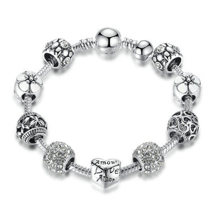 BAMOER Antique Silver Charm Bracelet & Bangle with Love and Flower Crystal Ball Women Wedding,Valentine's Day Gift