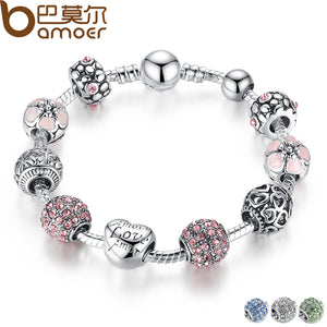 BAMOER Antique Silver Charm Bracelet & Bangle with Love and Flower Crystal Ball Women Wedding,Valentine's Day Gift